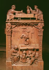 Stalli del coro che raffigurano (sopra) i fratelli Rigoley e (sotto) la bottega di Nazareth, 1526